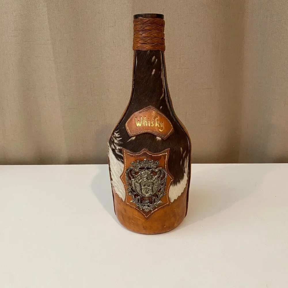 Vintage Leather and Cowhide Wrapped Whiskey Bottle 9.5